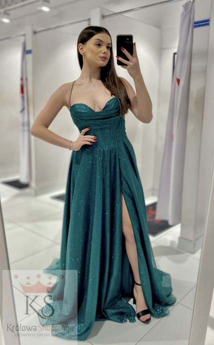 Sukienka długa gorset wiązanie plecy brokat zieleń