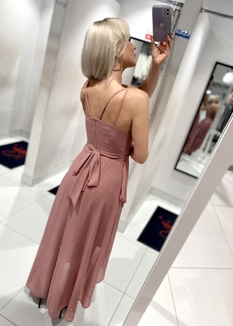 Sukienka asymetria na ramiączkach brokat róż