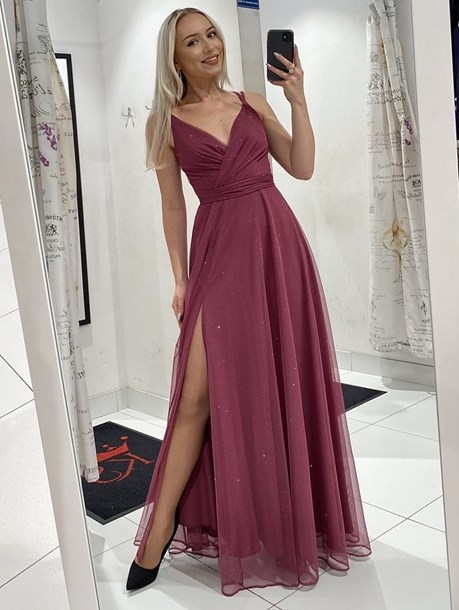 Sukienka długa na ramiączkach tiul brokat jagoda