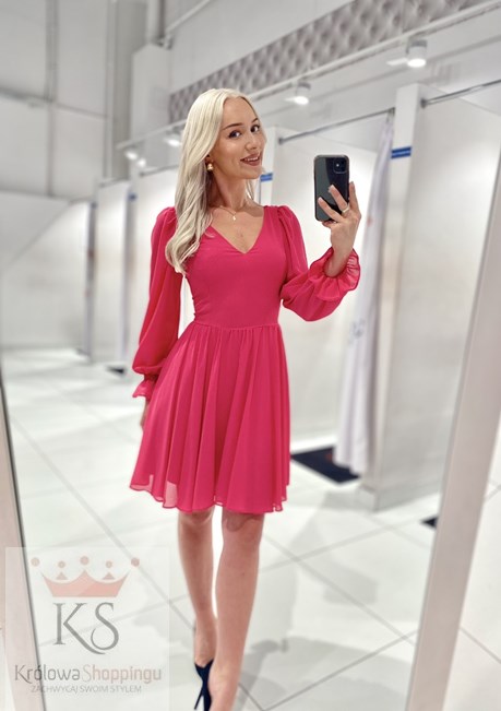 Sukienka krótka rękaw połysk malina