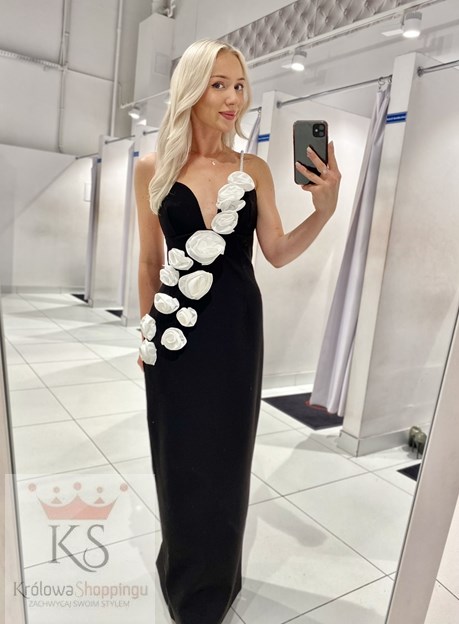 Sukienka długa perełki ramiączka róża biel/czerń