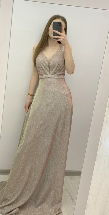 Sukienka długa dekolt ramiączka pas brokat złoto