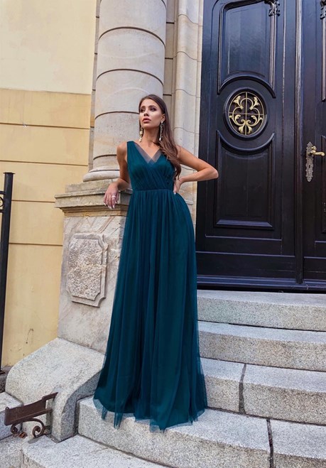 Sukienka długa tiul głęboki dekolt zielony