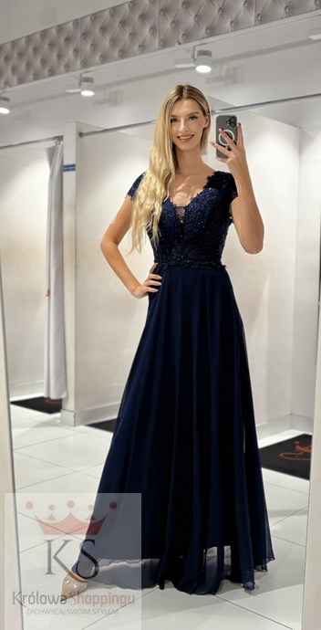 Sukienka długa góra koronka cekiny granat