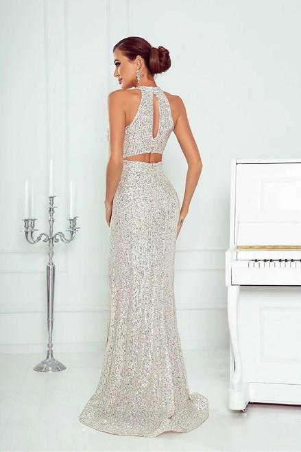 Sukienka długa dekolt z siateczką cekiny srebro