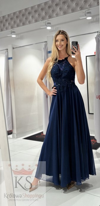 Sukienka długa ramiączka na krzyż granat