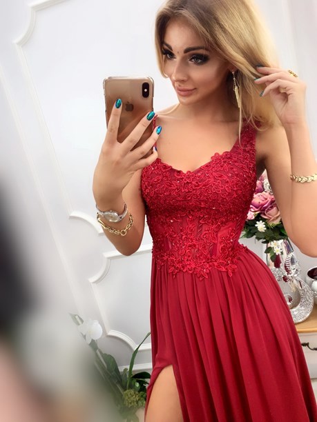 Sukienka długa gorset prześwity bordo