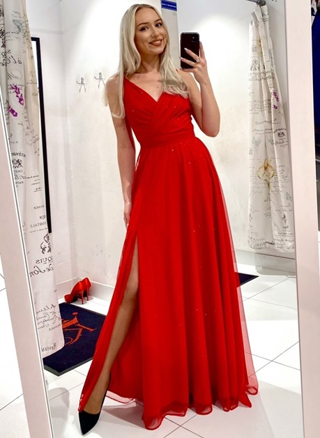 Sukienka długa na ramiączkach tiul brokat czerwień