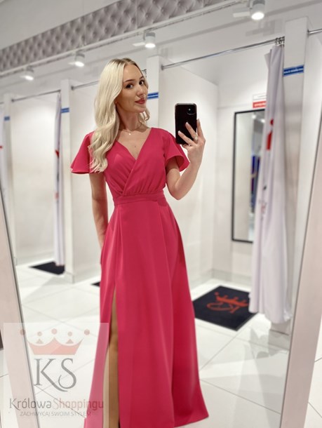 Sukienka długa rękawki dekolt malina