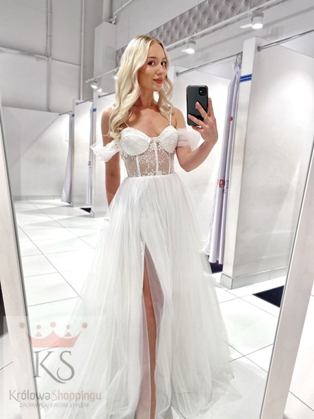 Sukienka długa gorset opadające ramiączko biel