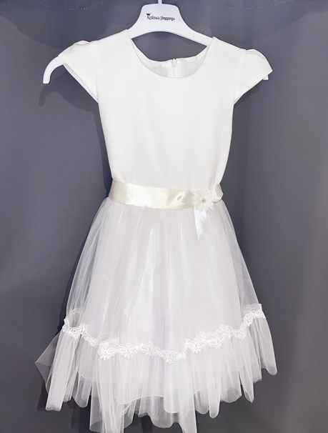 Sukienka dziecięca tiul koronka pas kwiat biel