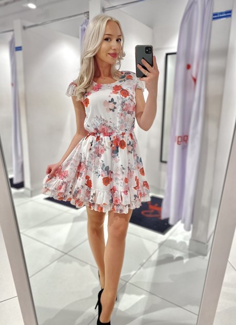 Sukienka krótka ściągacz pas kwiaty biel/róż