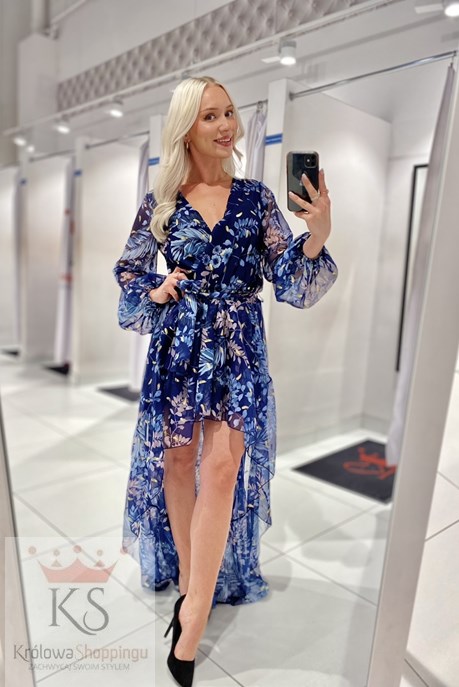 Sukienka asymetryczna rękaw print granat