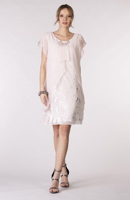 Sukienka krótka falbanka wzór srebro/róż