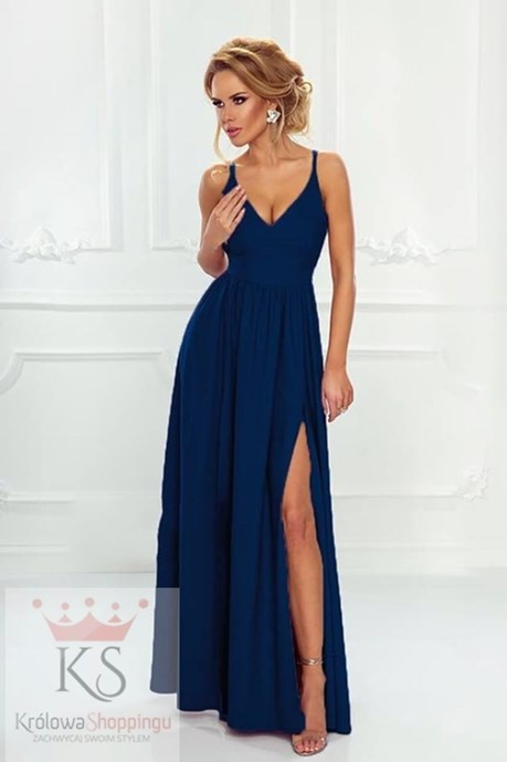 Sukienka długa prosta dwa rozcięcia granat