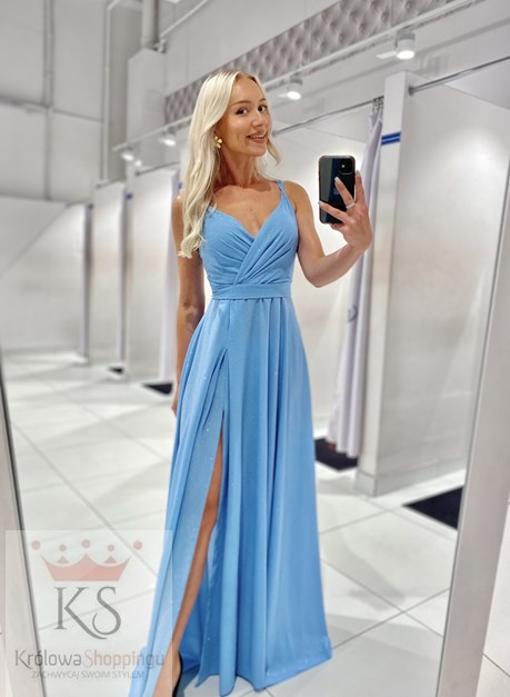 Sukienka długa na ramiączkach brokat błękit