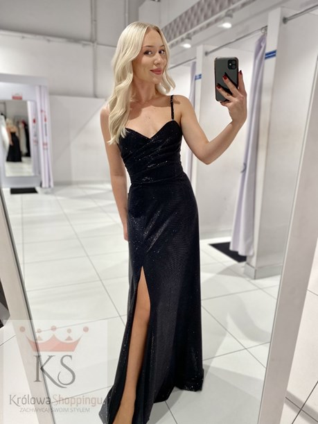 Sukienka długa ramiączka marszczenie brokat czerń