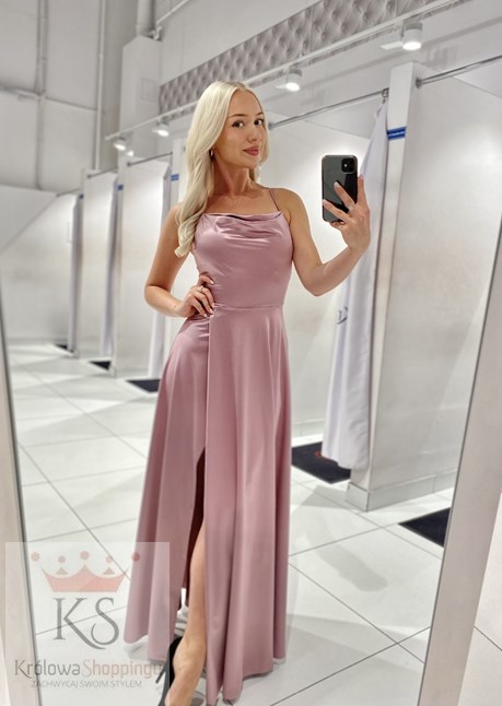 Sukienka długa satynowa wiązanie szyja wrzos