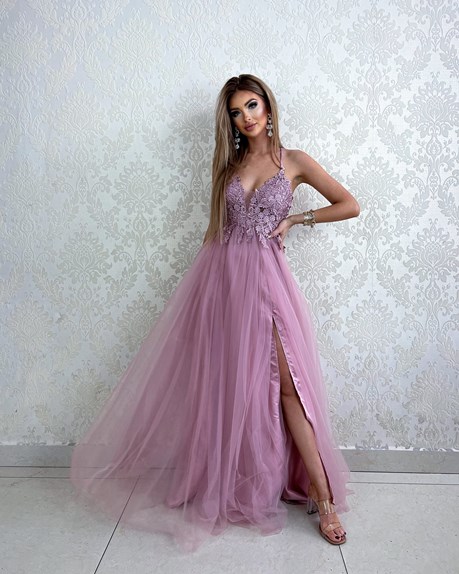 Sukienka długa tiulowa ramiączka koronka wrzos