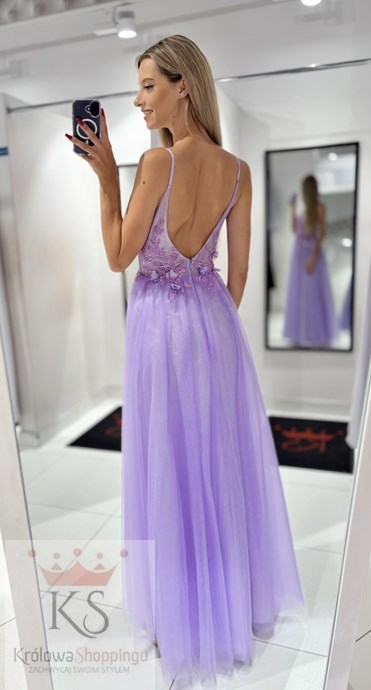 Sukienka długa tiul brokat koraliki kwiatki lila