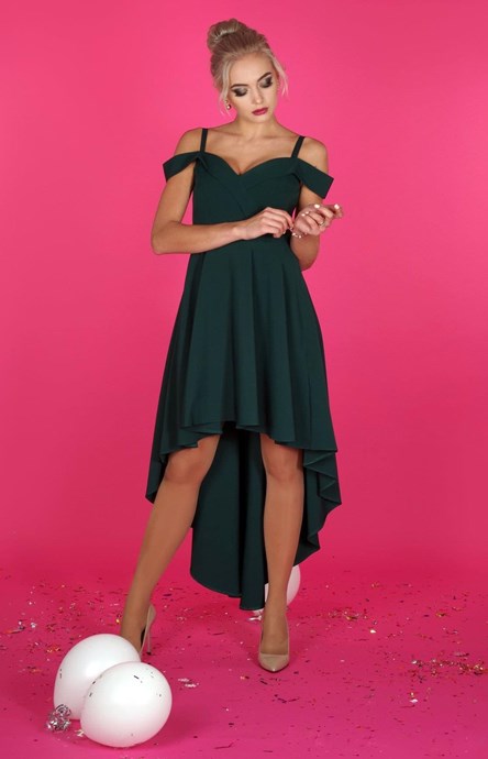 Sukienka asymetryczna opadające ramiona butelkowa