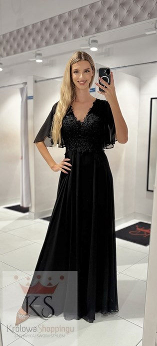 Sukienka długa zdobiona góra rękawek czerń