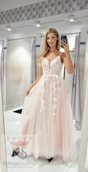 Sukienka długa tiul ramiączka koronka róż/biel