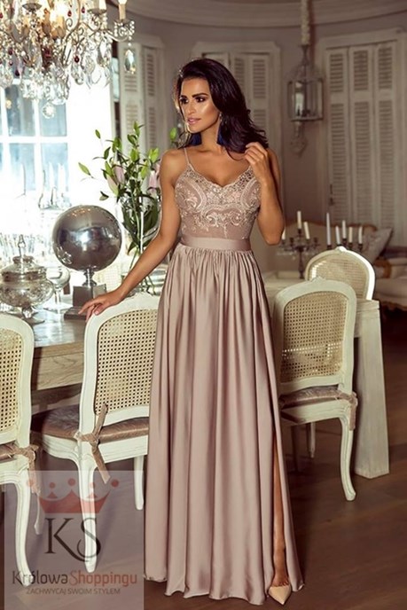 Sukienka długa ramiączka koronka cappuccino