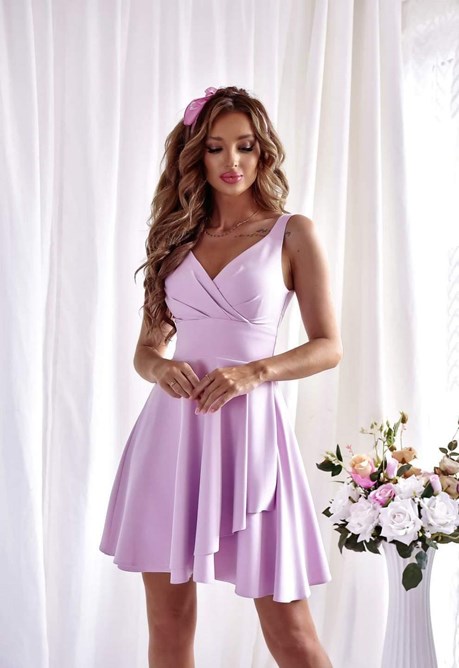 Sukienka krótka rozkloszowana pas falbana róż