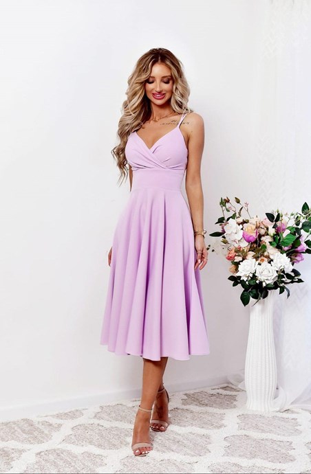 Sukienka midi rozkloszowana pas ramiączka lila