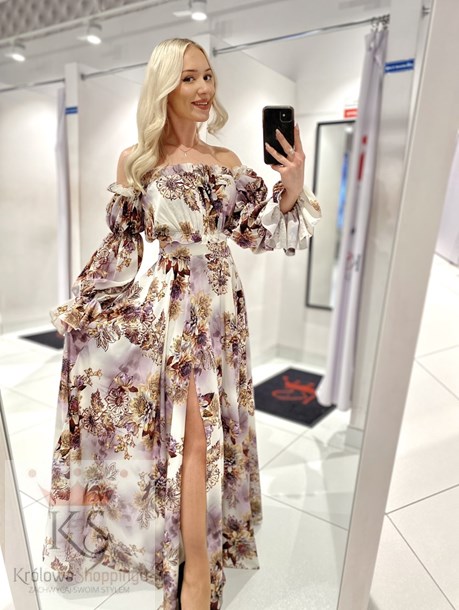 Sukienka długa hiszpanka rękaw kwiaty fiolet/biel