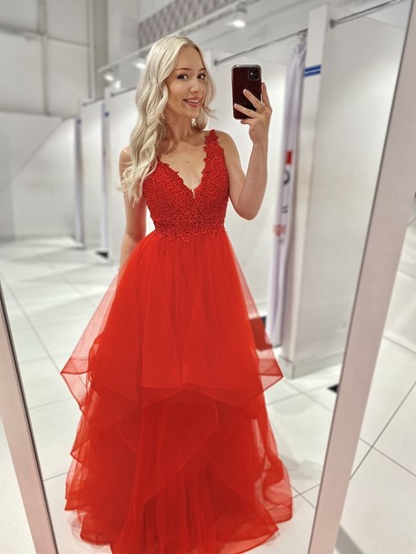 Sukienka długa koronkowa góra tiul czerwony