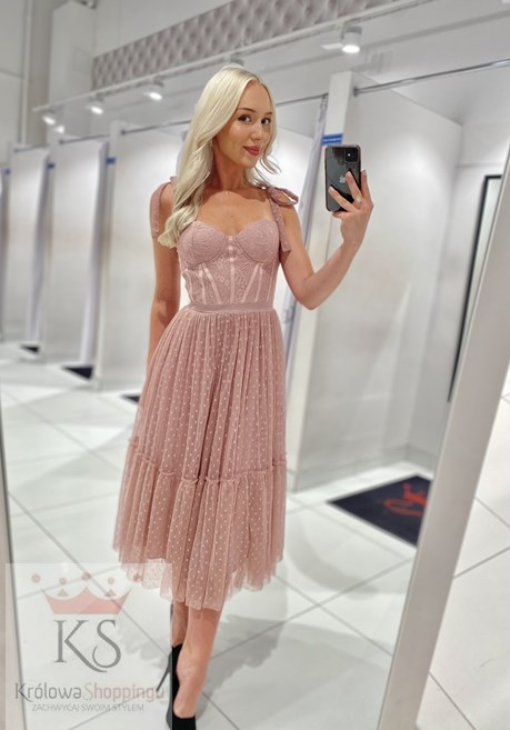 Sukienka midi tiulowa gorset groszki brudny róż