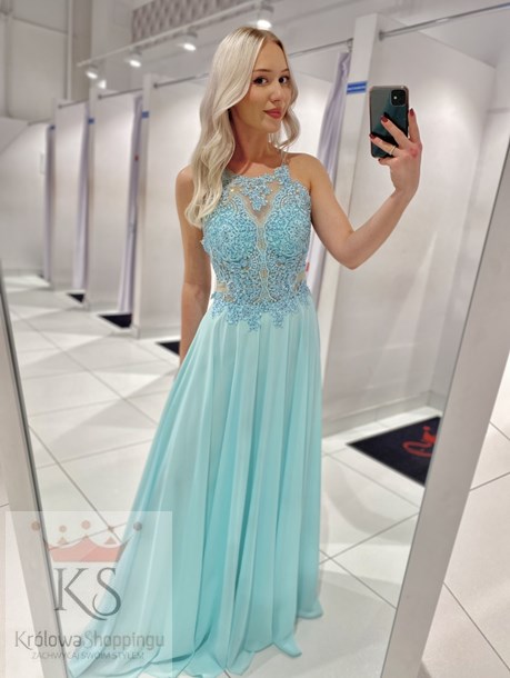 Sukienka długa ramiączka na krzyż mięta