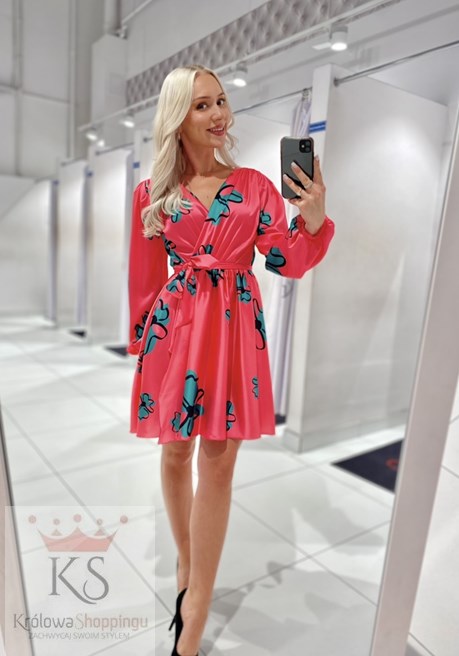 Sukienka krótka koszulowa rękaw kwiaty zieleń