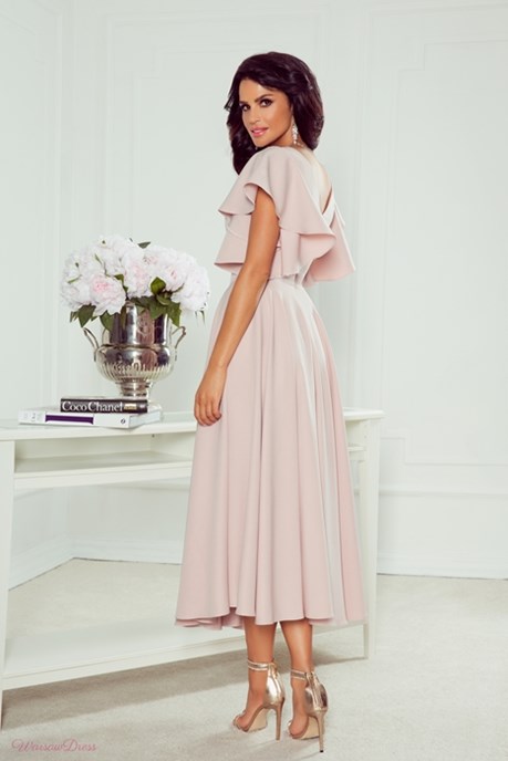 Sukienka midi falbana rękaw brokat pudrowy róż