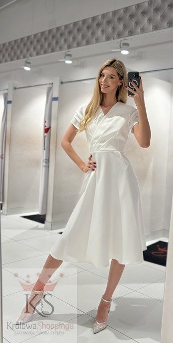 Sukienka midi marszczony rękawek biel