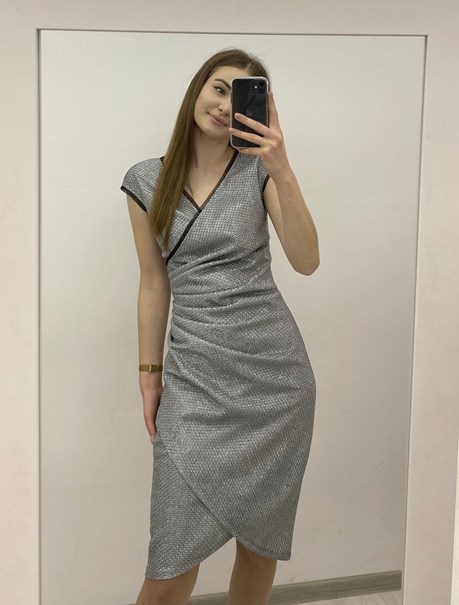 Sukienka krótka marszczenie pas brokat szary