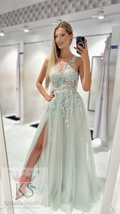 Sukienka długa asymetria tiul brokat szałwia