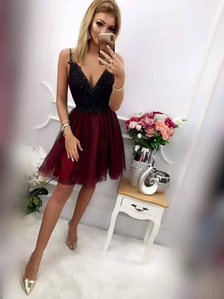 Sukienka krótka tiul kamyczki bordo/czarny