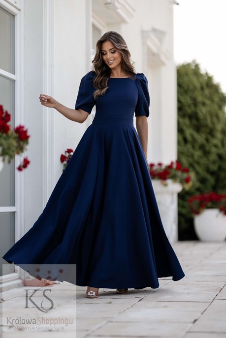 Sukienka długa 3/4 rękawek wiązanie plecy granat