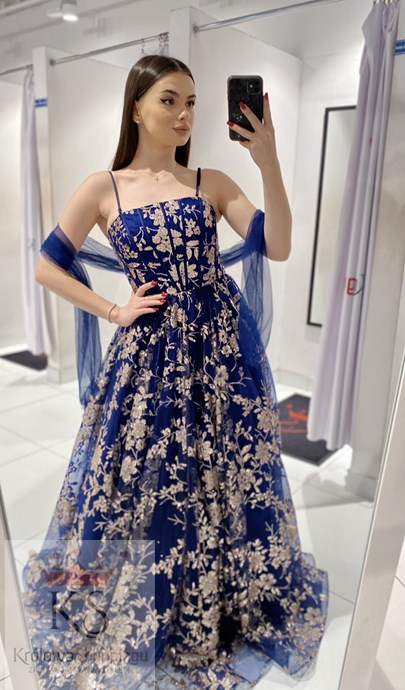 Sukienka długa balowa brokatowe kwiat granat/złoto