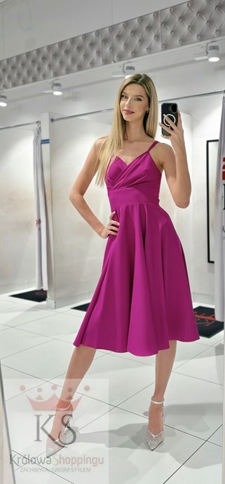 Sukienka midi rozkloszowana pas ramiączka fuksja