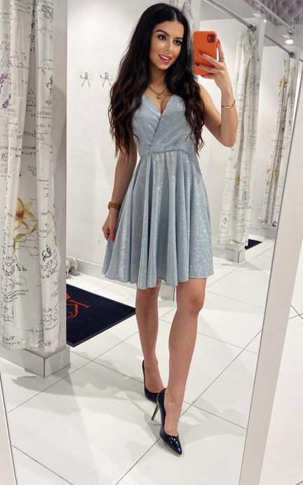 Sukienka krótka ramiączka dekolt brokat srebro