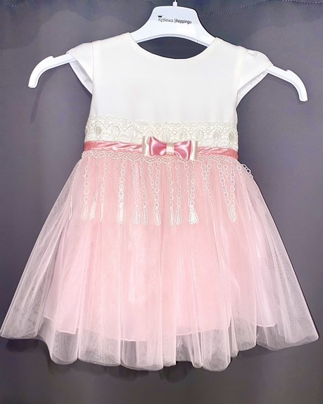 Sukienka dziecięca tiul kokardka haft biel/róż