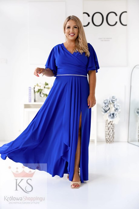 Sukienka długa rękawek ozdobny pasek chaber