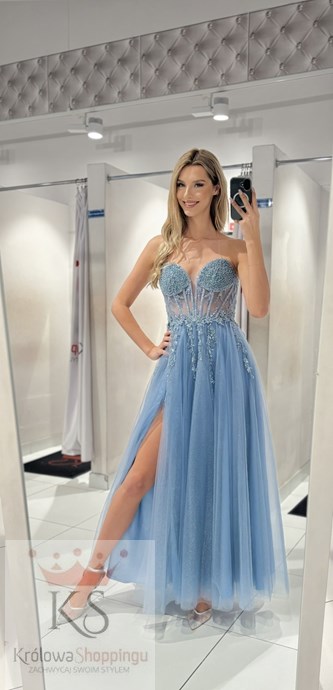 Sukienka długa gorset tiul brokat koraliki jeans