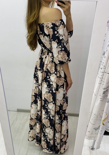 Sukienka długa długi rękaw beżowe róże czerń