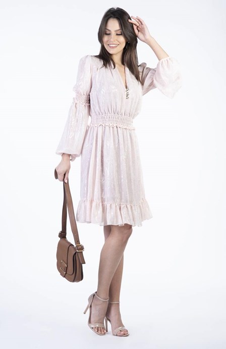 Sukienka krótka rękaw złote guziki beż/złoto