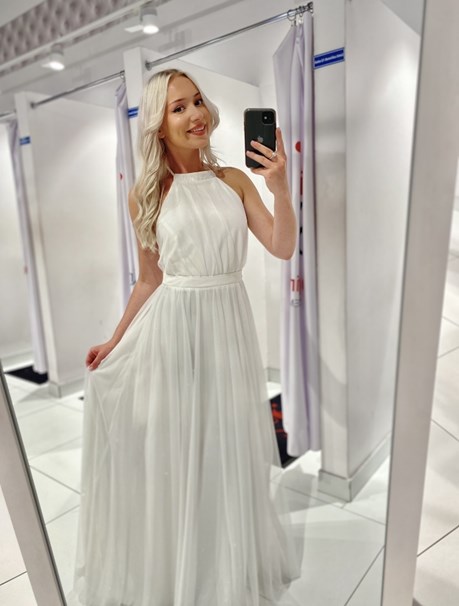 Sukienka długa wiązanie szyja tiul brokat biel